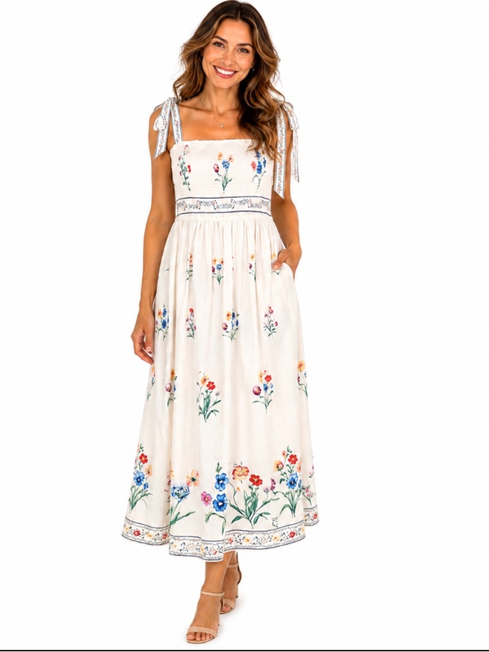 SHEIN White Floral Smocked Maxi Dress with Tie Straps Size 1XL